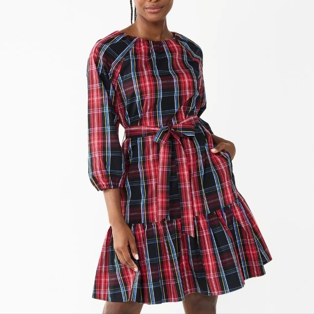 Draper James Plaid Long Sleeve Dress in Red and Blue